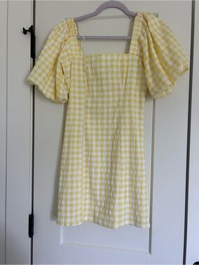 Yellow Gingham Puff Sleeve Mini Dress